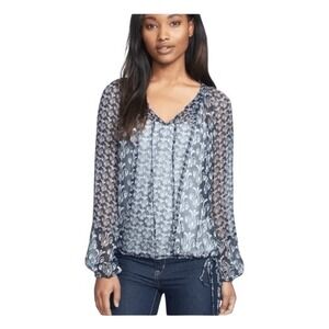 Lucky Bob Robshaw Calimesa Blouse Blue Tan Sheer Mixed Print Long Sleeve S